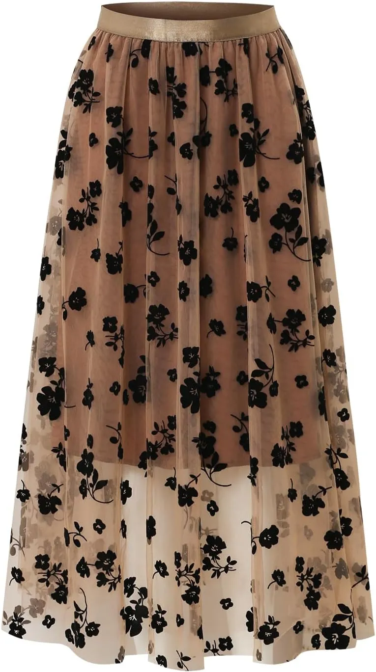 Women's A-Line Fairy Elastic Waist Pleated Tulle Midi Skirt