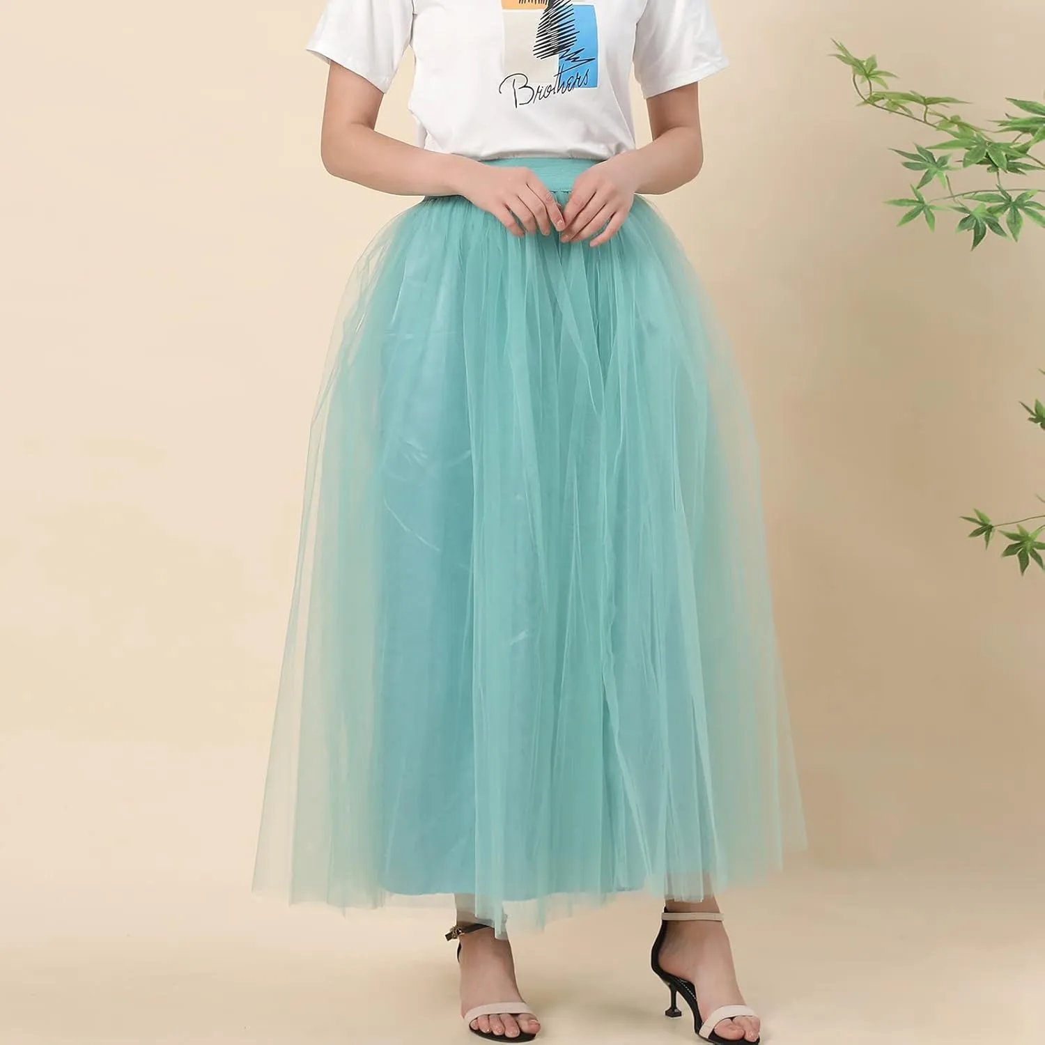 Women's A-Line High Waisted Midi Skirt Womens Long Tulle Skirt Pleated A Line Skirt High Waist Elastic Trendy