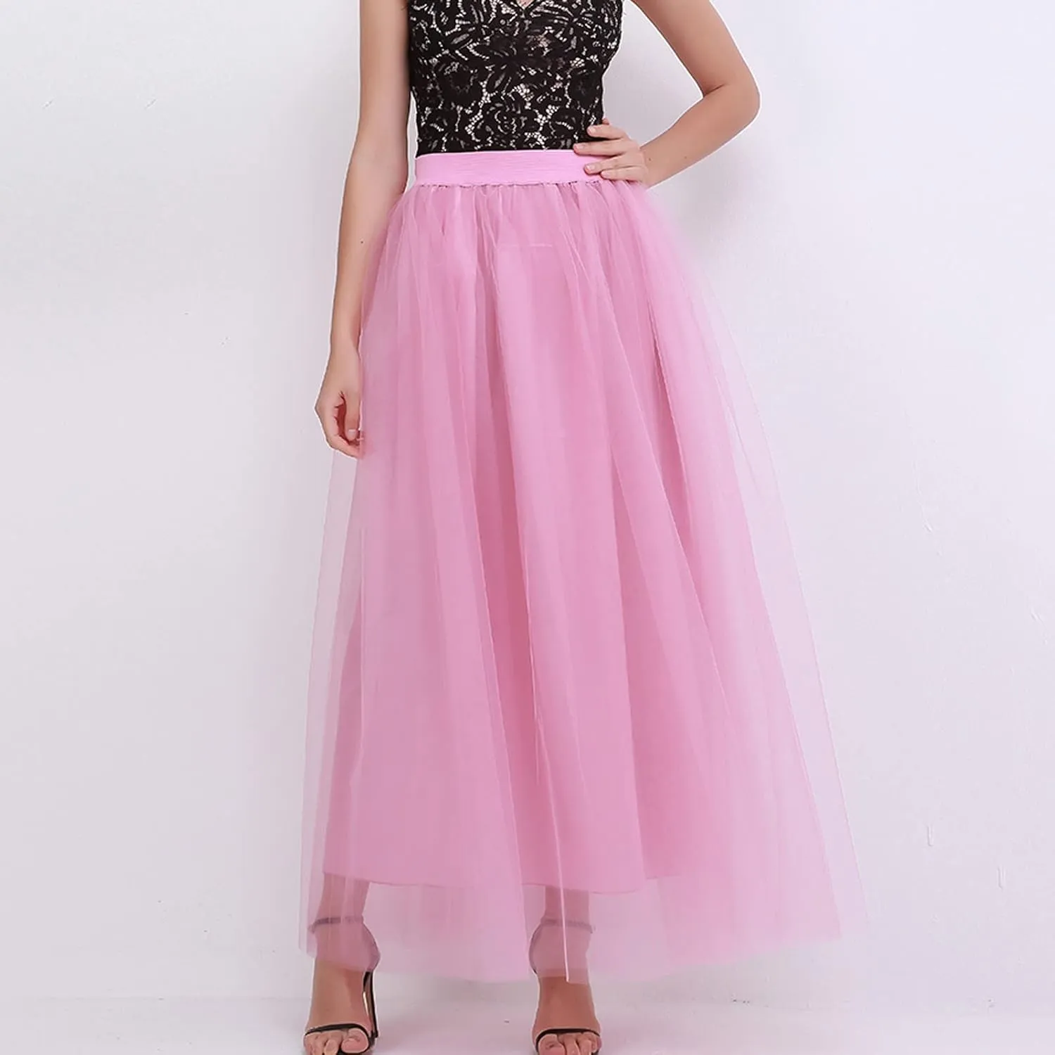 Women's A-Line High Waisted Midi Skirt Womens Long Tulle Skirt Pleated A Line Skirt High Waist Elastic Trendy