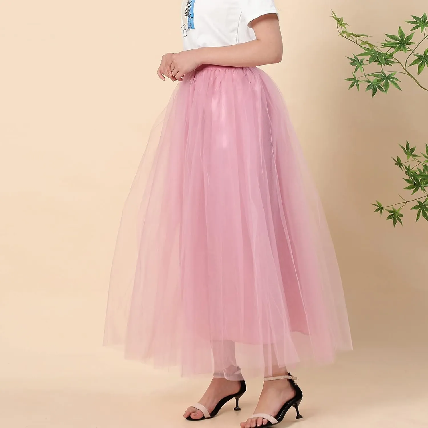 Women's A-Line High Waisted Midi Skirt Womens Long Tulle Skirt Pleated A Line Skirt High Waist Elastic Trendy
