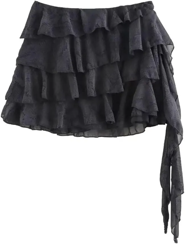 Women's A-Line Mini Skirt Ruffle Asymmetrical High Waisted Pleated Casual Skirts