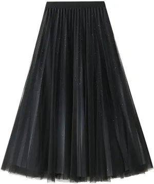 Women's A-Line Tulle Skirt Star Gradient Pleated Long Skirt Big Swing A-line Skirt High Waist Princess Skirt