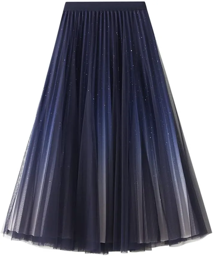 Women's A-Line Tulle Skirt Star Gradient Pleated Long Skirt Big Swing A-line Skirt High Waist Princess Skirt