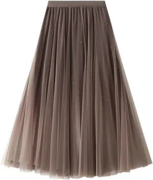 Women's A-Line Tulle Skirt Star Gradient Pleated Long Skirt Big Swing A-line Skirt High Waist Princess Skirt