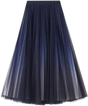 Women's A-Line Tulle Skirt Star Gradient Pleated Long Skirt Big Swing A-line Skirt High Waist Princess Skirt