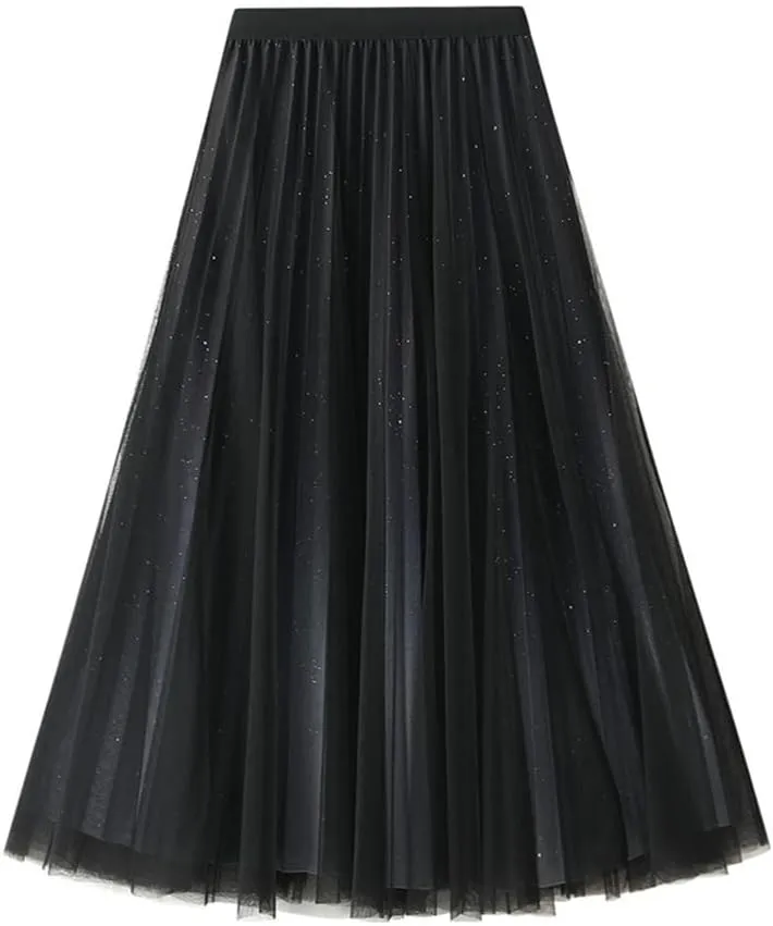 Women's A-Line Tulle Skirt Star Gradient Pleated Long Skirt Big Swing A-line Skirt High Waist Princess Skirt
