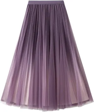 Women's A-Line Tulle Skirt Star Gradient Pleated Long Skirt Big Swing A-line Skirt High Waist Princess Skirt