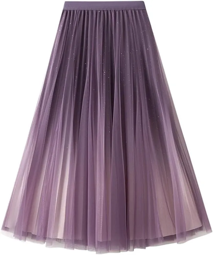 Women's A-Line Tulle Skirt Star Gradient Pleated Long Skirt Big Swing A-line Skirt High Waist Princess Skirt