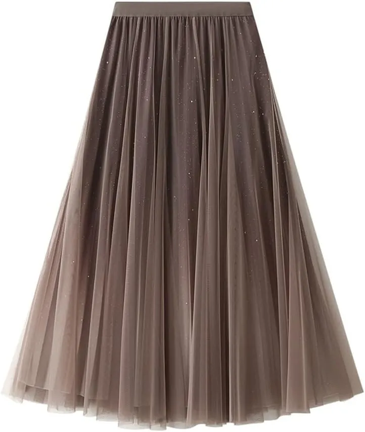 Women's A-Line Tulle Skirt Star Gradient Pleated Long Skirt Big Swing A-line Skirt High Waist Princess Skirt