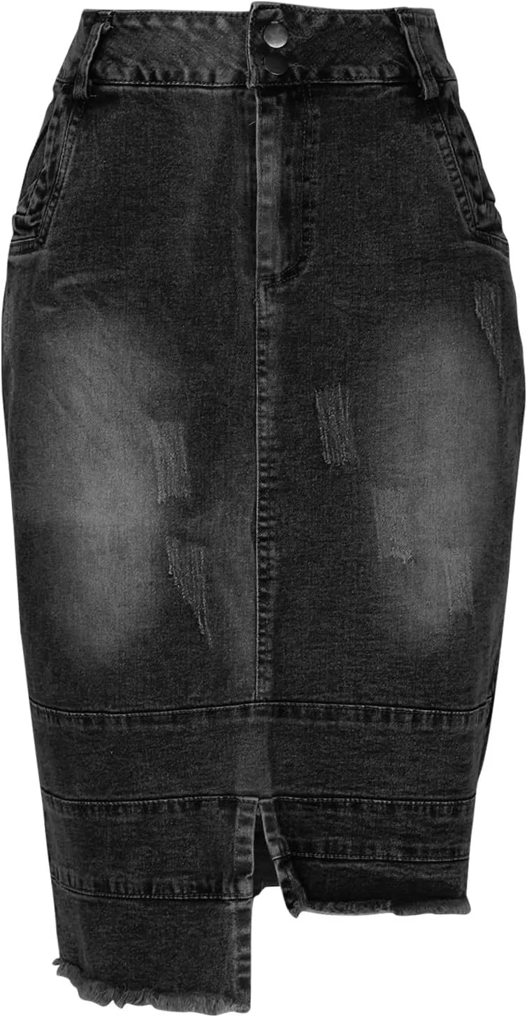 Women's Bodycon Jean Skirt Front Split Frayed Washed Midi Denim Pencil Skirt Destroyed Distressed Denim Skirts