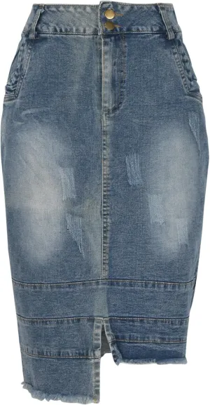 Women's Bodycon Jean Skirt Front Split Frayed Washed Midi Denim Pencil Skirt Destroyed Distressed Denim Skirts