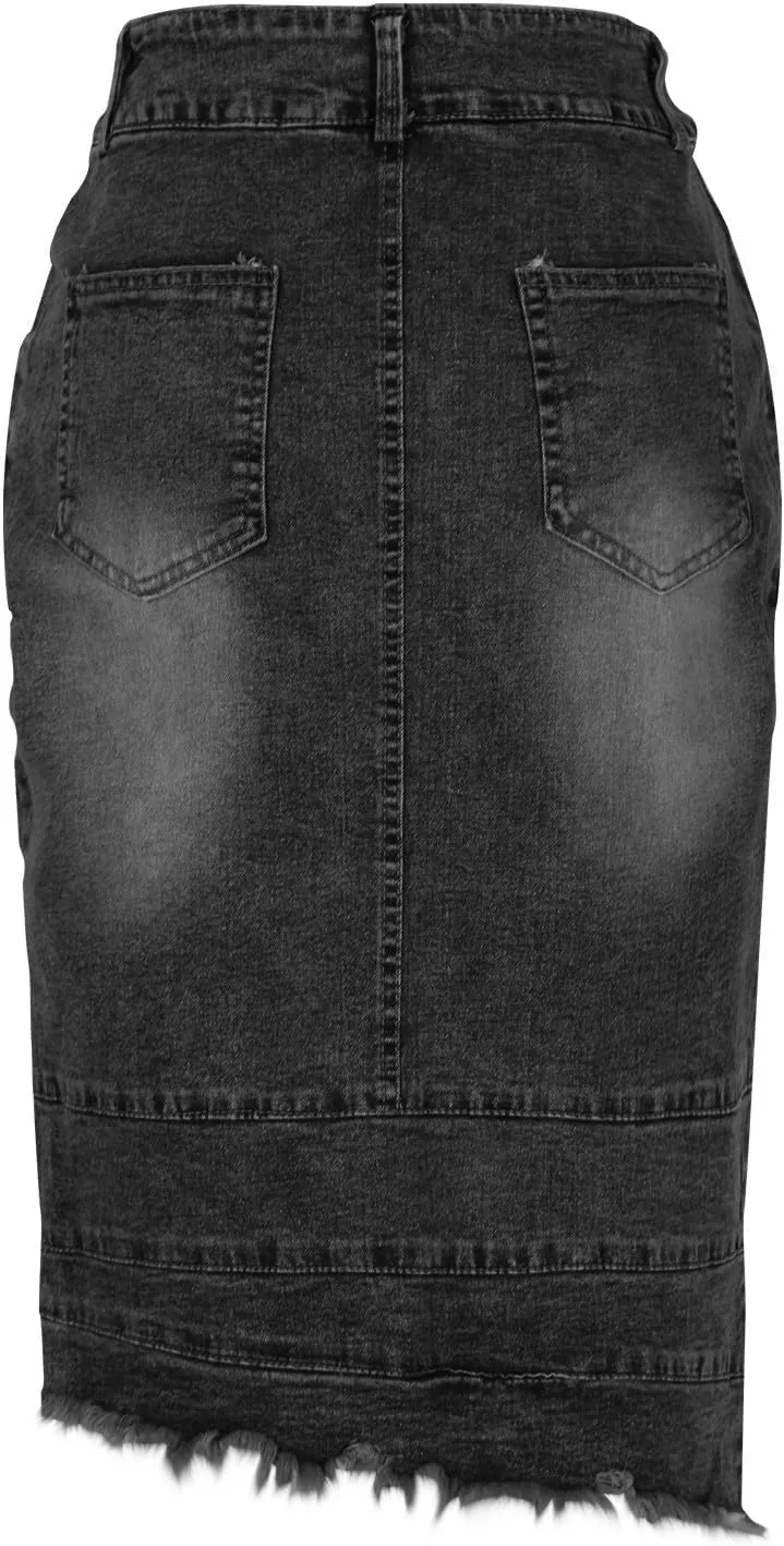 Women's Bodycon Jean Skirt Front Split Frayed Washed Midi Denim Pencil Skirt Destroyed Distressed Denim Skirts