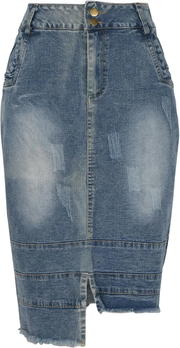 Women's Bodycon Jean Skirt Front Split Frayed Washed Midi Denim Pencil Skirt Destroyed Distressed Denim Skirts