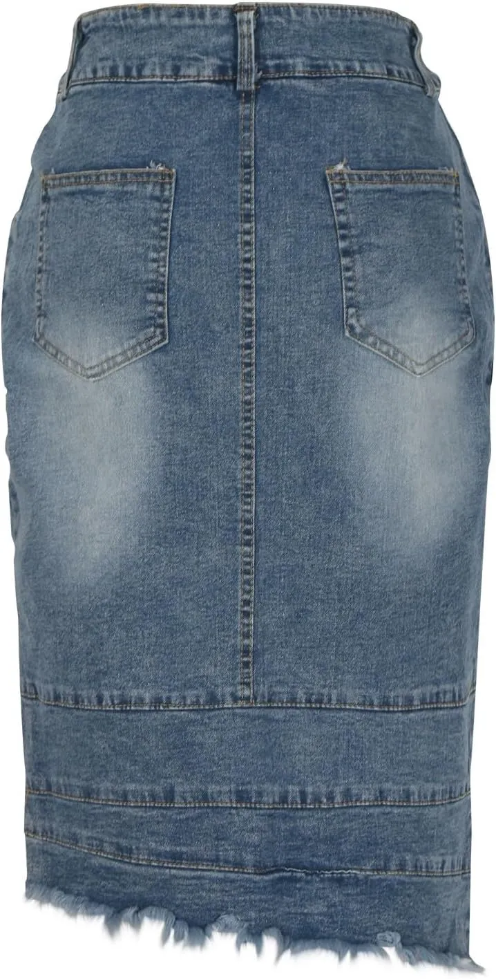 Women's Bodycon Jean Skirt Front Split Frayed Washed Midi Denim Pencil Skirt Destroyed Distressed Denim Skirts