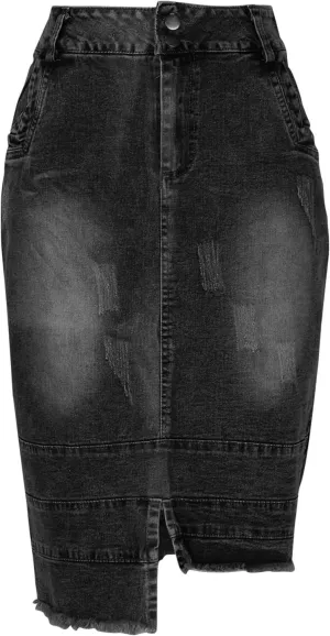 Women's Bodycon Jean Skirt Front Split Frayed Washed Midi Denim Pencil Skirt Destroyed Distressed Denim Skirts