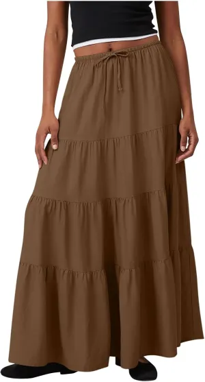 Womens Boho Maxi Skirt Solid Ruffle Swing Elastic High Waisted Pleated Flowy Skirts 2025 Trendy Summer Beach Skorts
