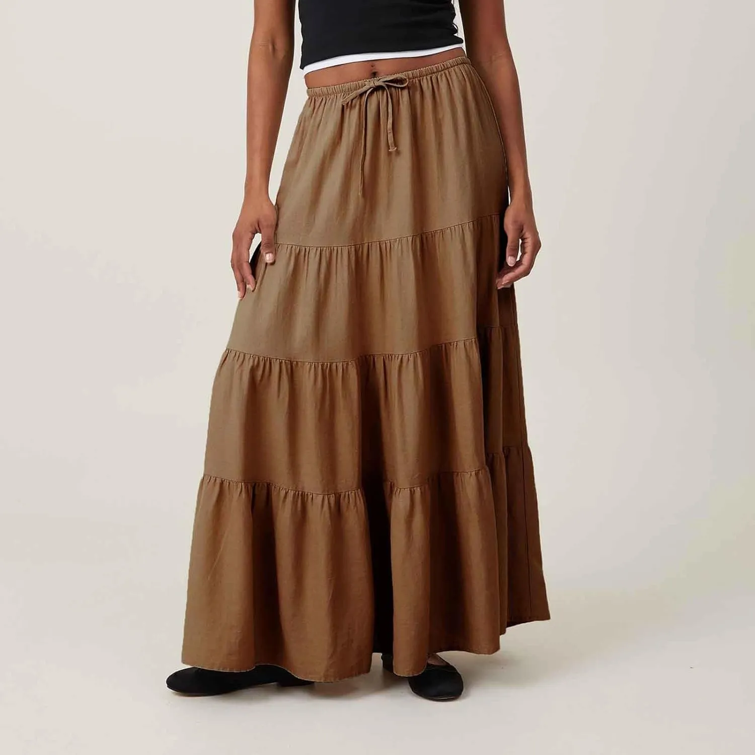 Womens Boho Maxi Skirt Solid Ruffle Swing Elastic High Waisted Pleated Flowy Skirts 2025 Trendy Summer Beach Skorts