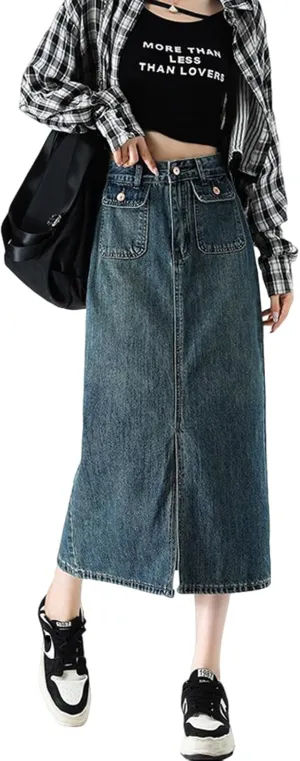 Women's Casual Denim Skirt high Waisted Slit Denim Long Skirt Slim fit A-line Swing Denim Long Skirt