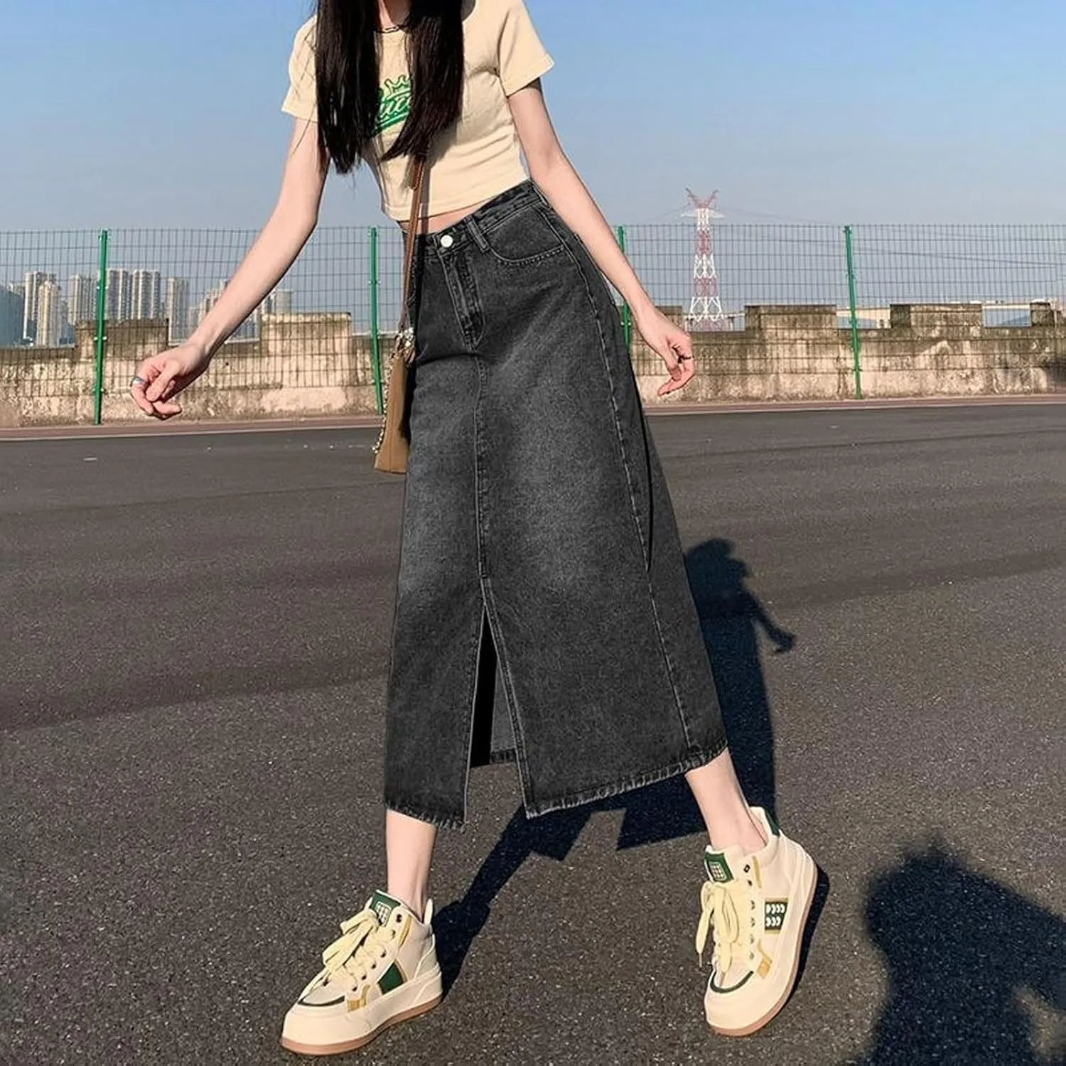 Women's Casual Denim Skirt high Waisted Slit Denim Long Skirt Slim fit A-line Swing Denim Long Skirt