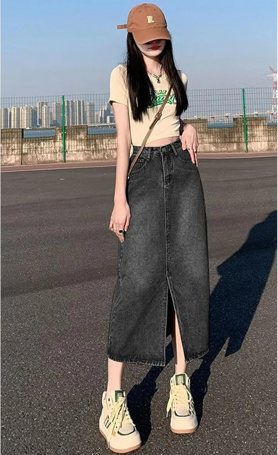 Women's Casual Denim Skirt high Waisted Slit Denim Long Skirt Slim fit A-line Swing Denim Long Skirt