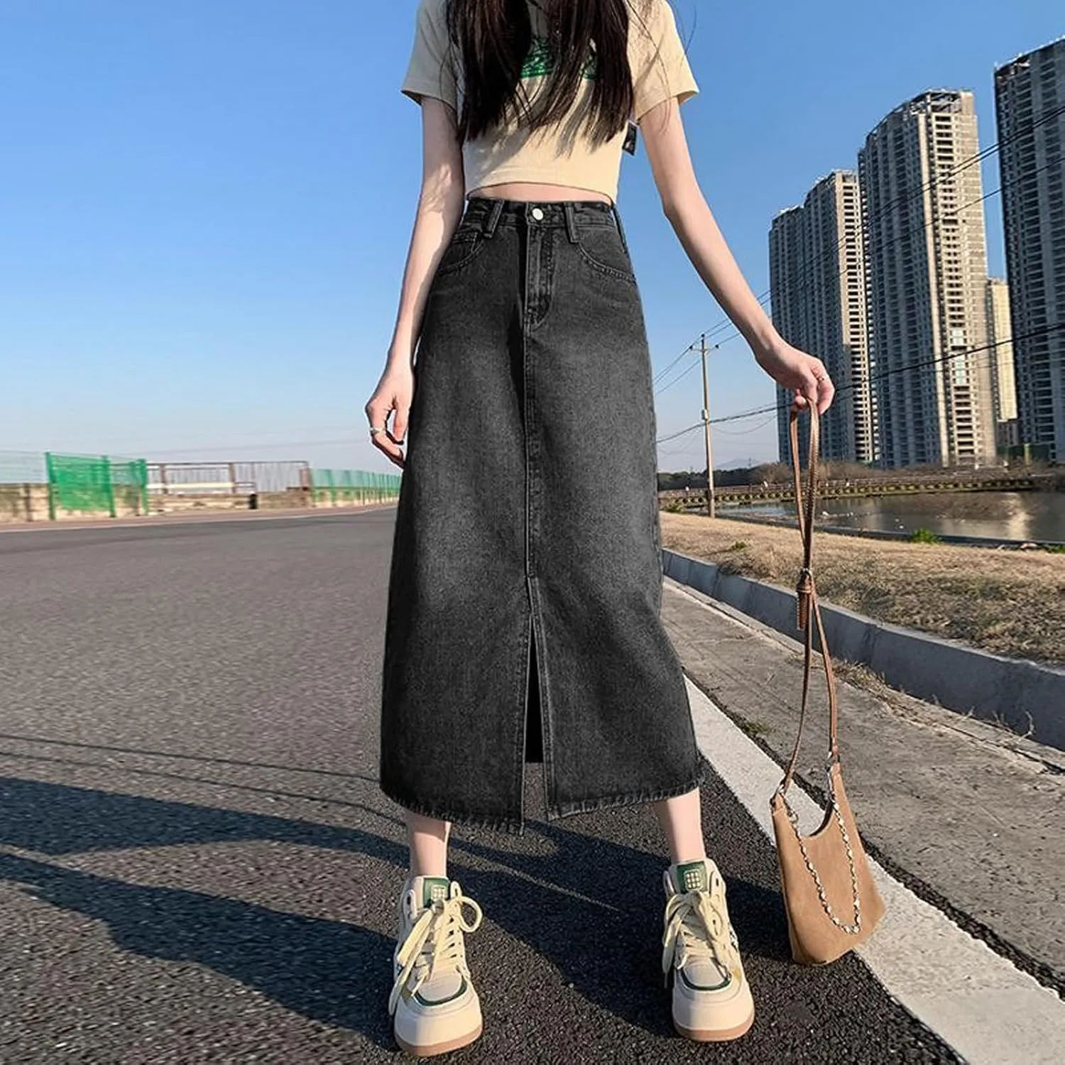 Women's Casual Denim Skirt high Waisted Slit Denim Long Skirt Slim fit A-line Swing Denim Long Skirt