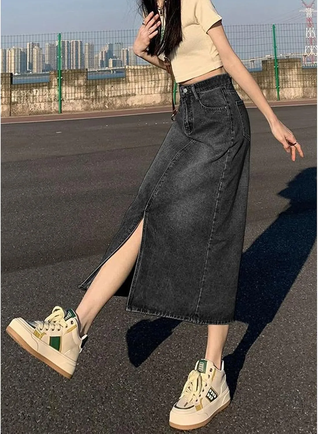 Women's Casual Denim Skirt high Waisted Slit Denim Long Skirt Slim fit A-line Swing Denim Long Skirt