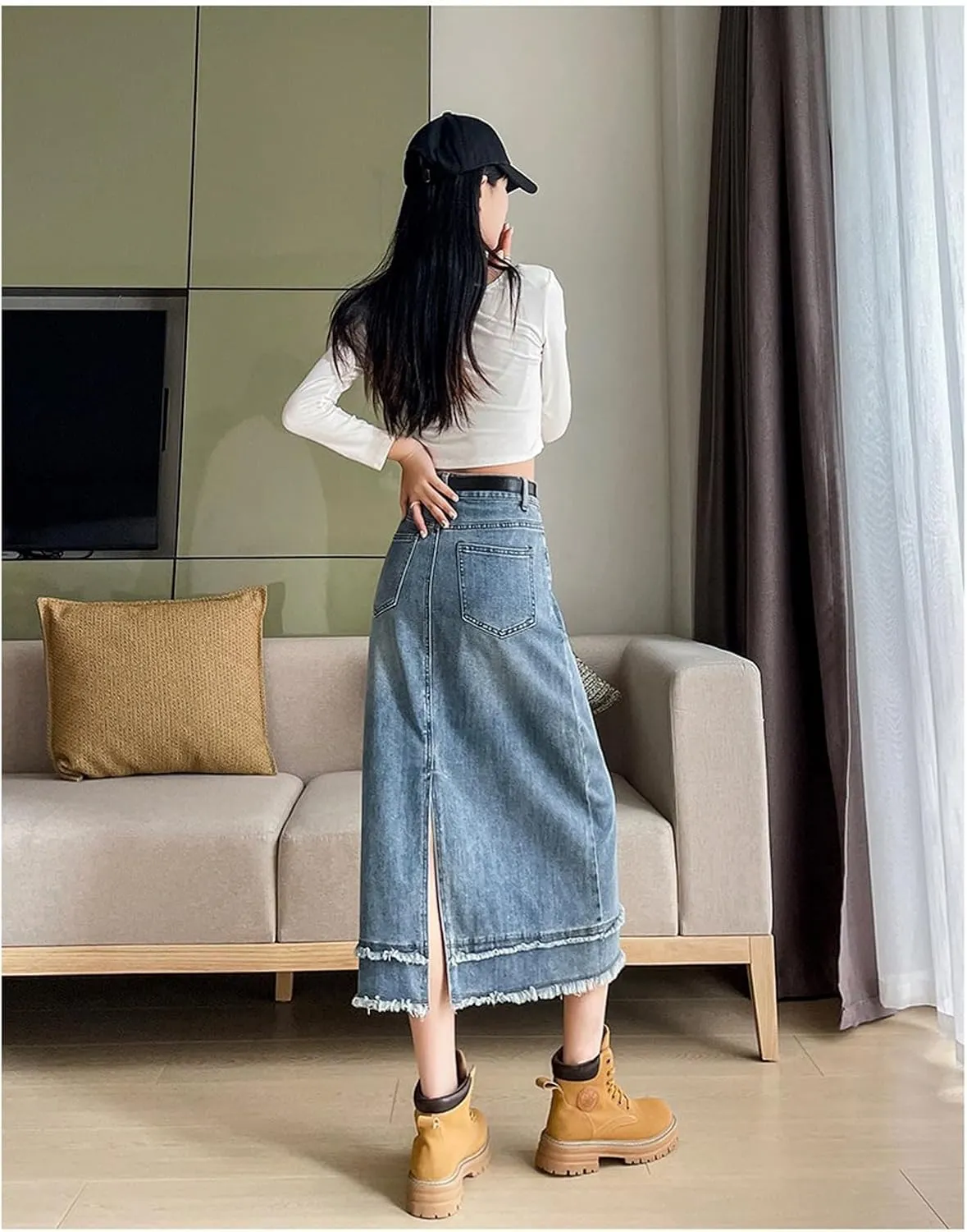 Women's Casual Denim Skirt, high Waisted Slit Denim Skirt, Retro raw Edge Denim Long Skirt, high Waisted Denim Skirt