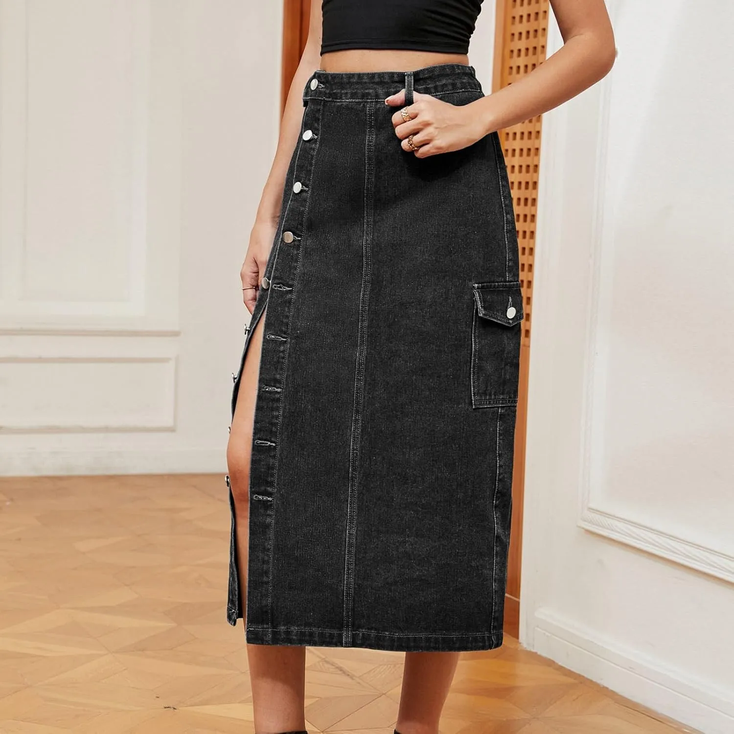 Women's Casual Denim Skirts Summer Midi Jean Skirts Stretch High Waisted Vintage Denim Dress 2025 Trendy with Pockets
