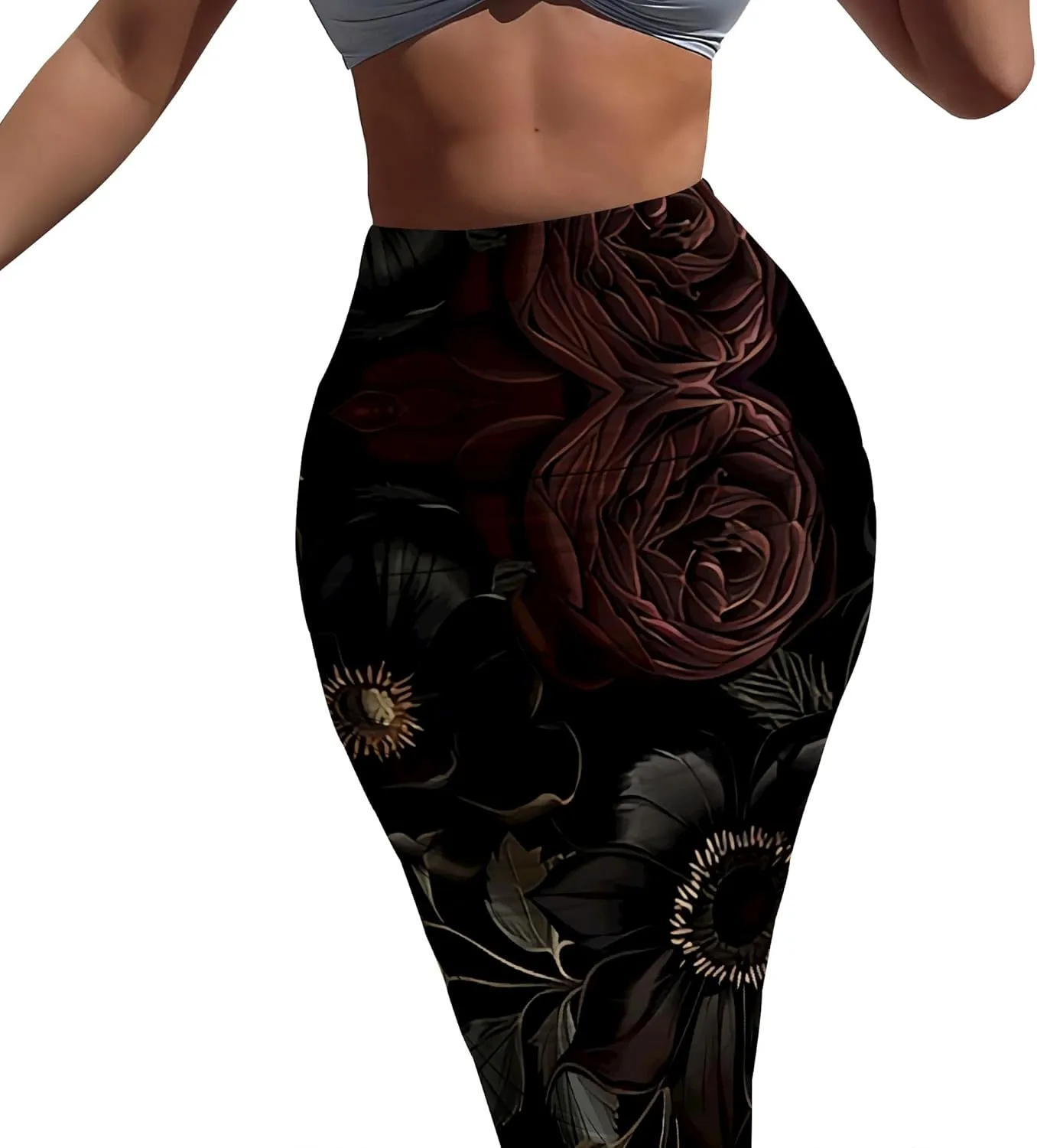 Women's Casual Floral Ruched High Waist Party Club Pencil Bodycon Suit Skirt Elegant Stretchy Below Knee Work Skirt Dress