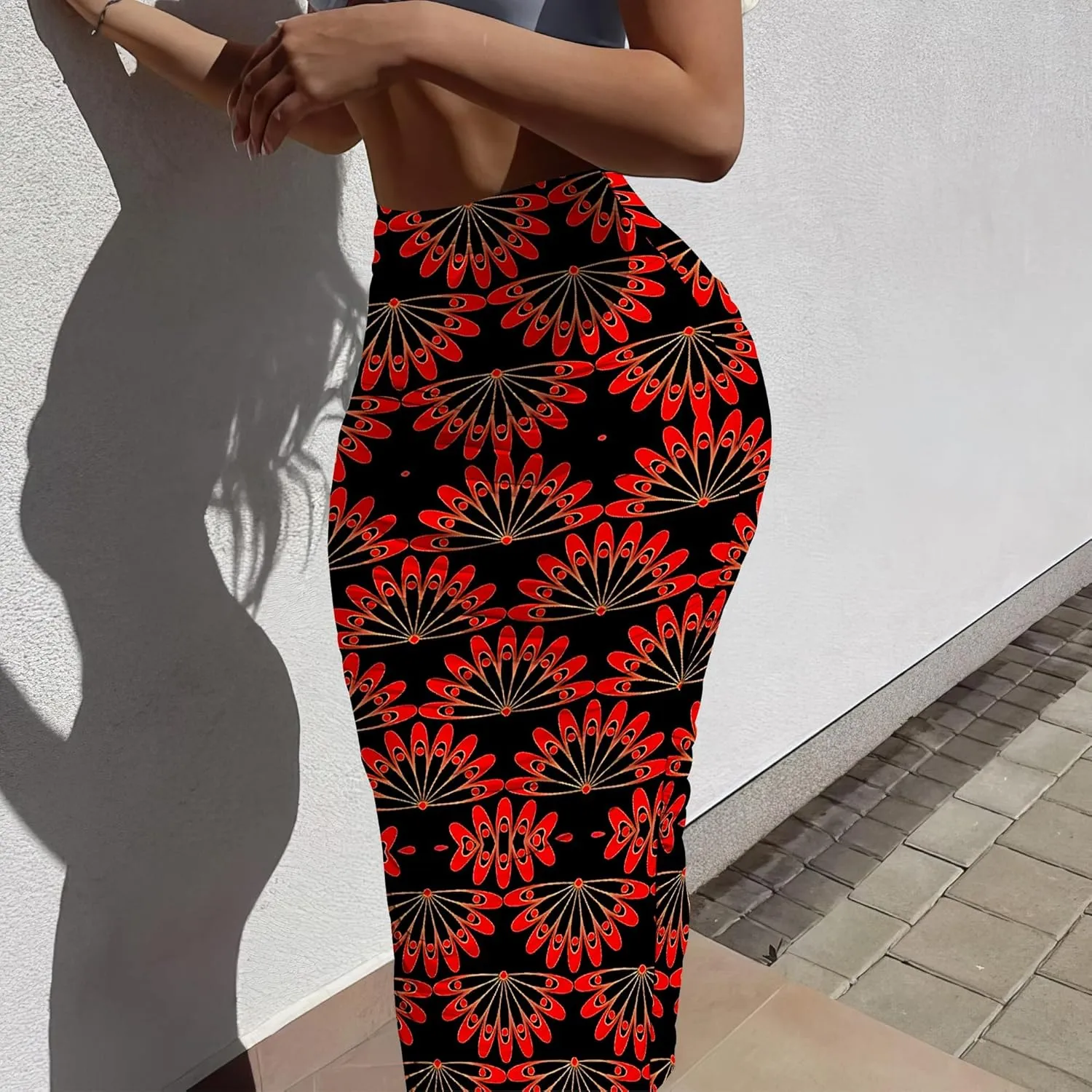 Women's Casual Floral Ruched High Waist Party Club Pencil Bodycon Suit Skirt Elegant Stretchy Below Knee Work Skirt Dress