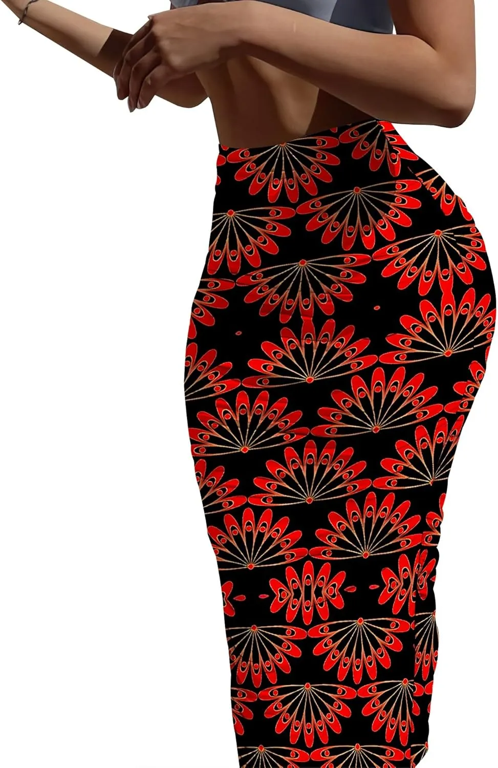 Women's Casual Floral Ruched High Waist Party Club Pencil Bodycon Suit Skirt Elegant Stretchy Below Knee Work Skirt Dress