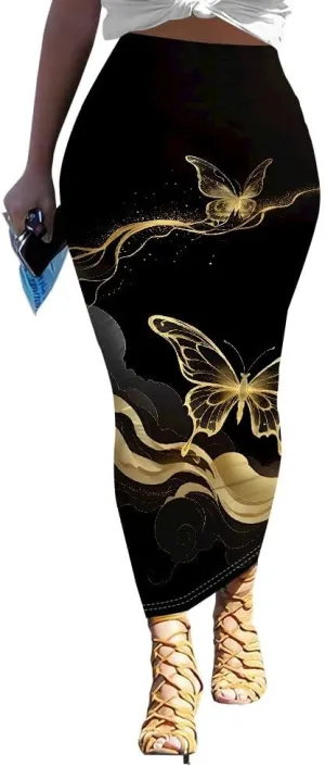Women's Casual Floral Ruched High Waist Party Club Pencil Bodycon Suit Skirt Elegant Stretchy Below Knee Work Skirt Dress