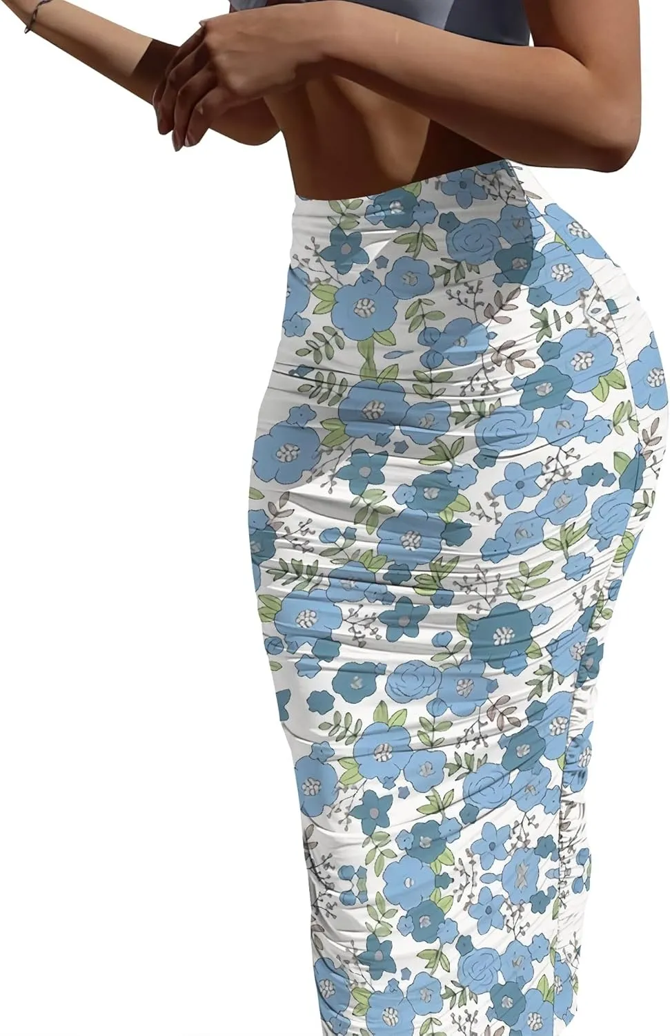 Women's Casual Floral Ruched High Waist Party Club Pencil Bodycon Suit Skirt Elegant Stretchy Below Knee Work Skirt Dress