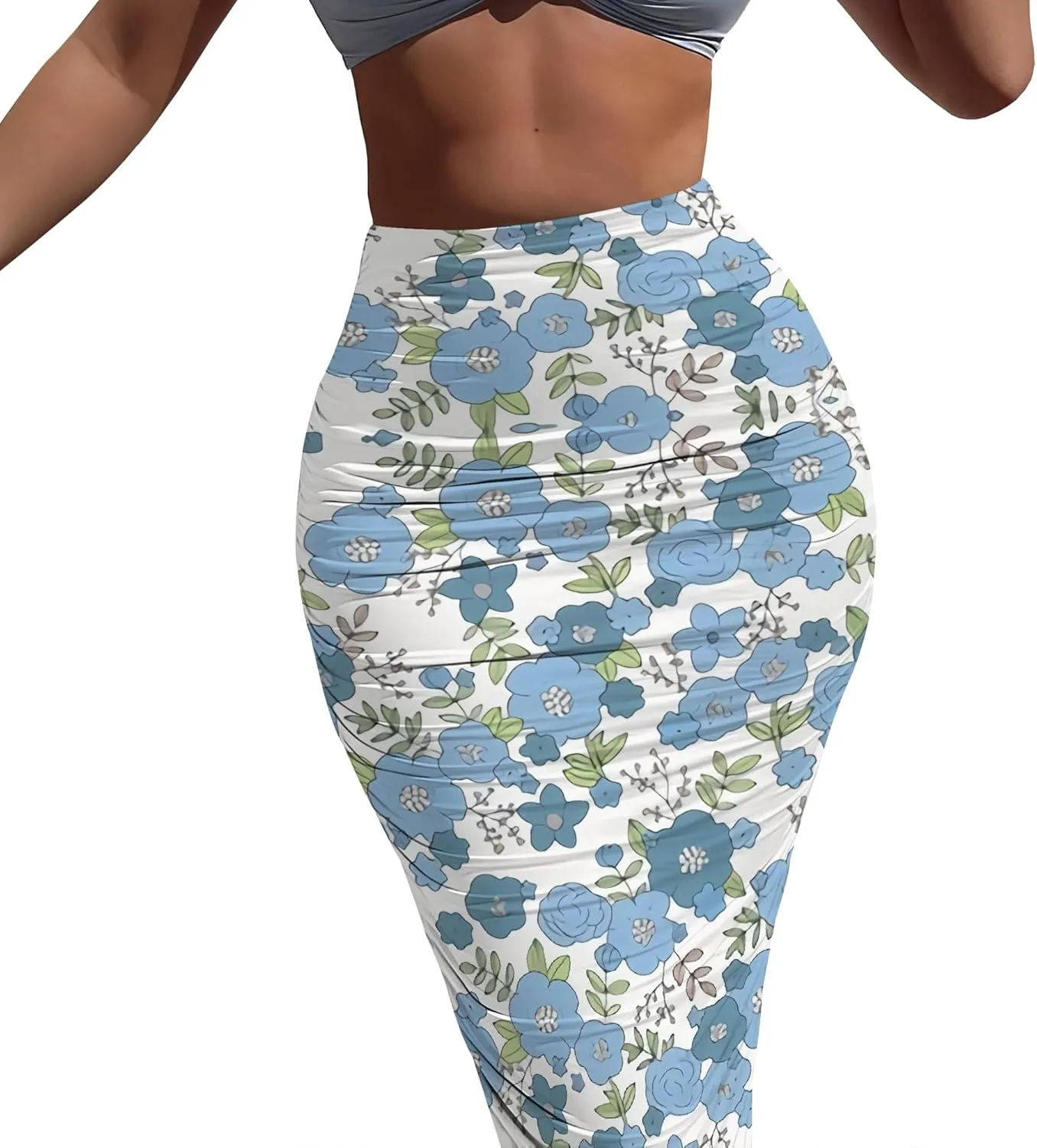 Women's Casual Floral Ruched High Waist Party Club Pencil Bodycon Suit Skirt Elegant Stretchy Below Knee Work Skirt Dress