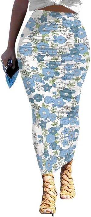 Women's Casual Floral Ruched High Waist Party Club Pencil Bodycon Suit Skirt Elegant Stretchy Below Knee Work Skirt Dress