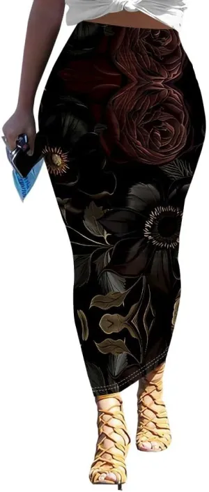 Women's Casual Floral Ruched High Waist Party Club Pencil Bodycon Suit Skirt Elegant Stretchy Below Knee Work Skirt Dress