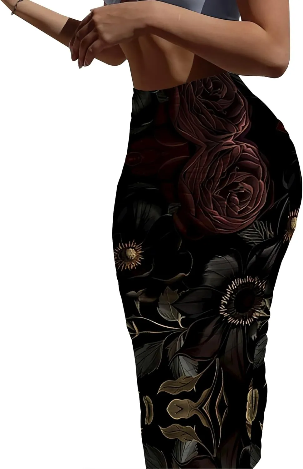 Women's Casual Floral Ruched High Waist Party Club Pencil Bodycon Suit Skirt Elegant Stretchy Below Knee Work Skirt Dress