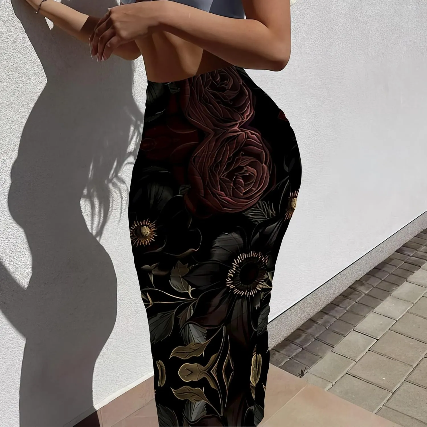 Women's Casual Floral Ruched High Waist Party Club Pencil Bodycon Suit Skirt Elegant Stretchy Below Knee Work Skirt Dress