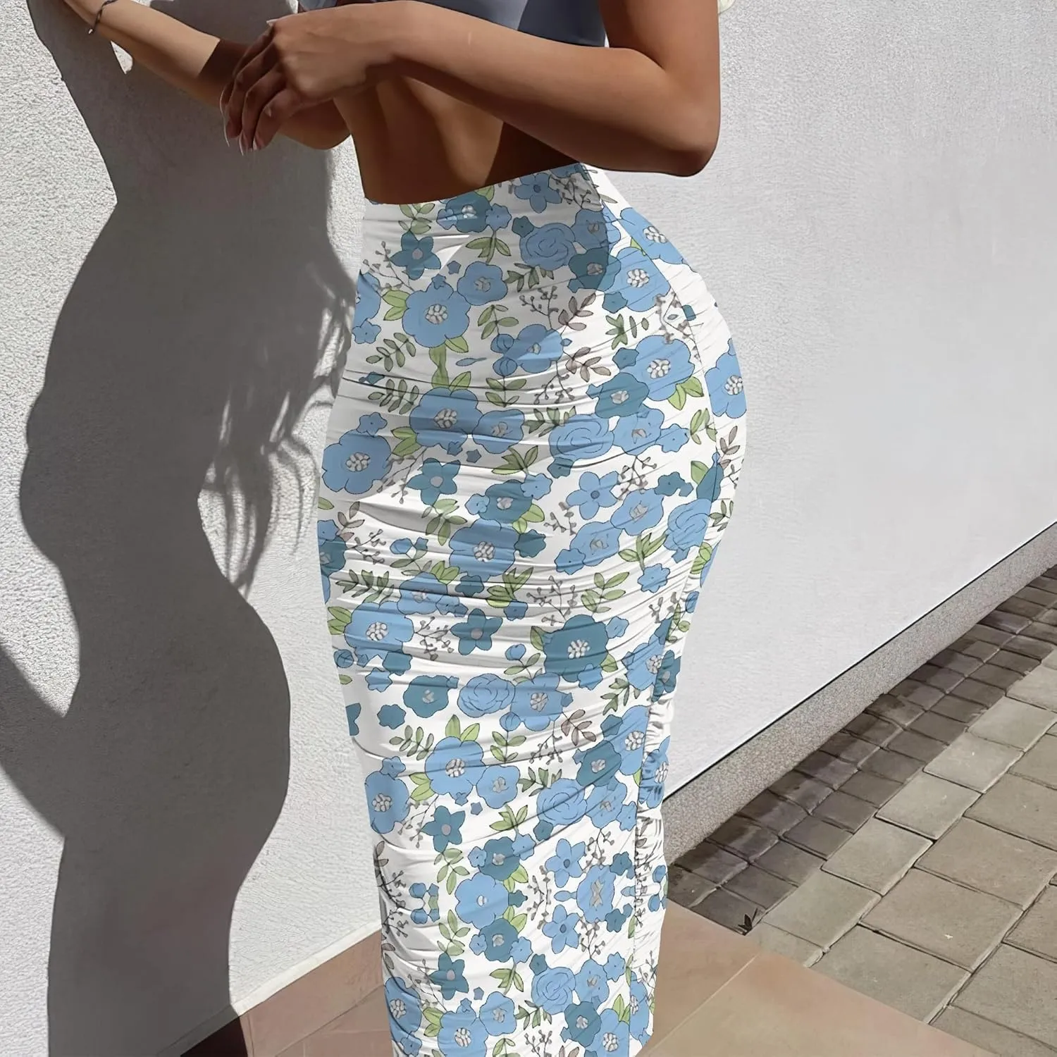 Women's Casual Floral Ruched High Waist Party Club Pencil Bodycon Suit Skirt Elegant Stretchy Below Knee Work Skirt Dress