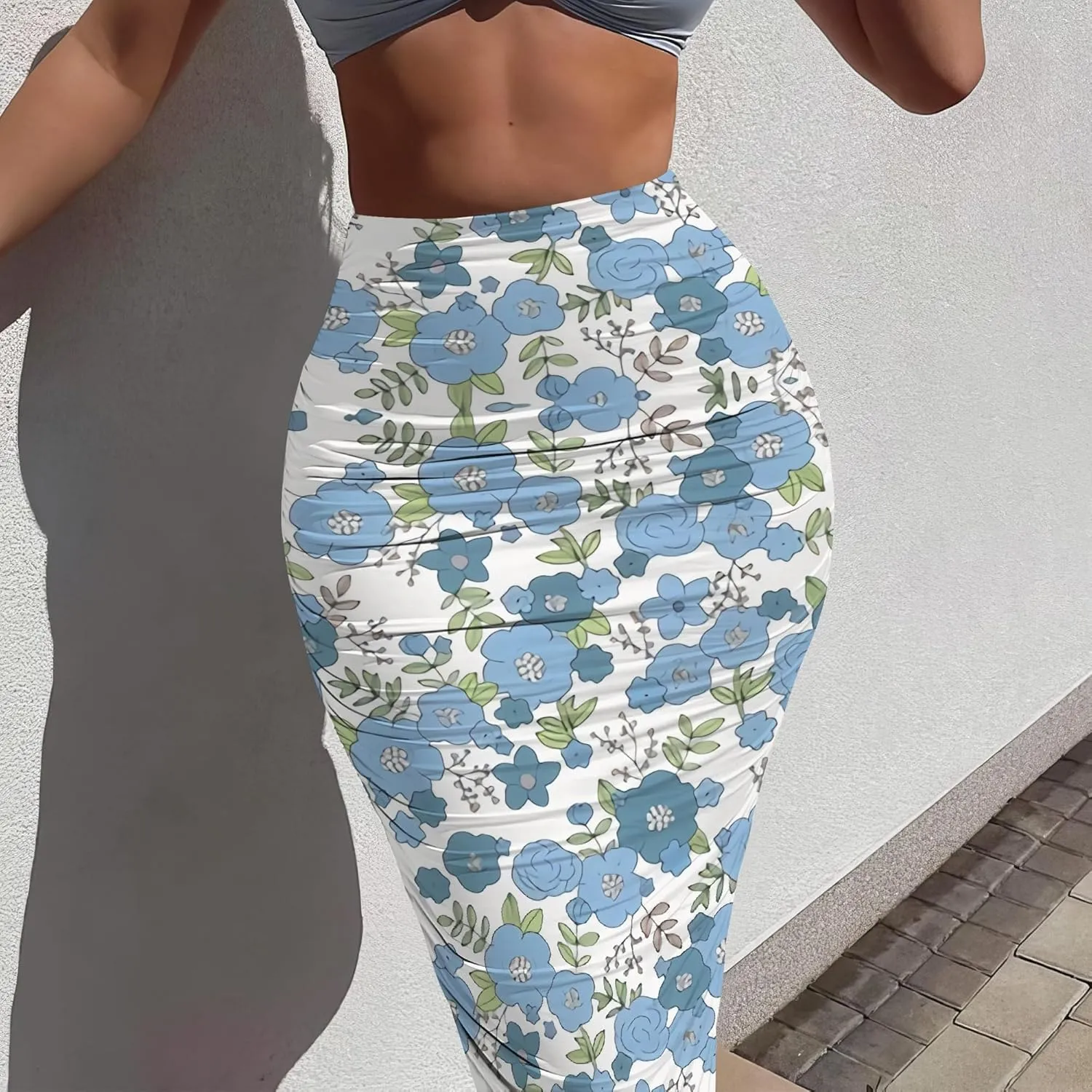 Women's Casual Floral Ruched High Waist Party Club Pencil Bodycon Suit Skirt Elegant Stretchy Below Knee Work Skirt Dress