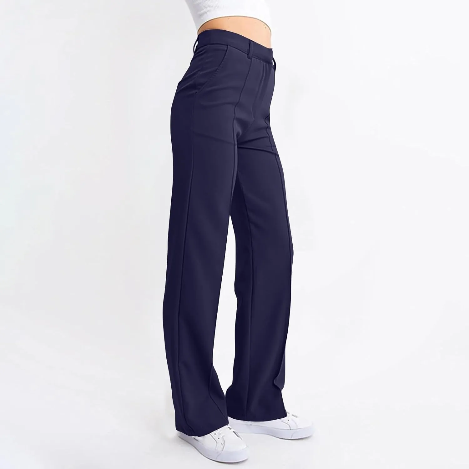 Womens Casual High Waist Straight Leg Ankle Business Dress Pants Stretchy Button Business Dress Work Pocket Trousers