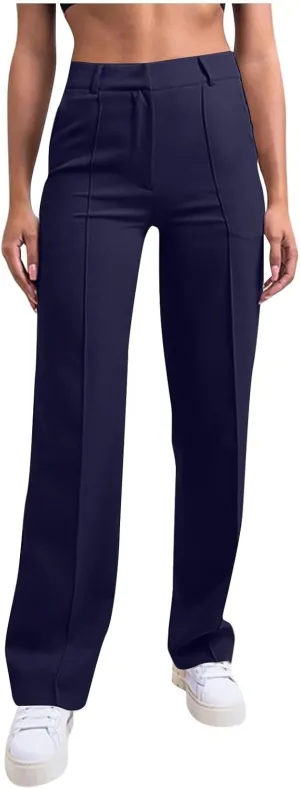 Womens Casual High Waist Straight Leg Ankle Business Dress Pants Stretchy Button Business Dress Work Pocket Trousers