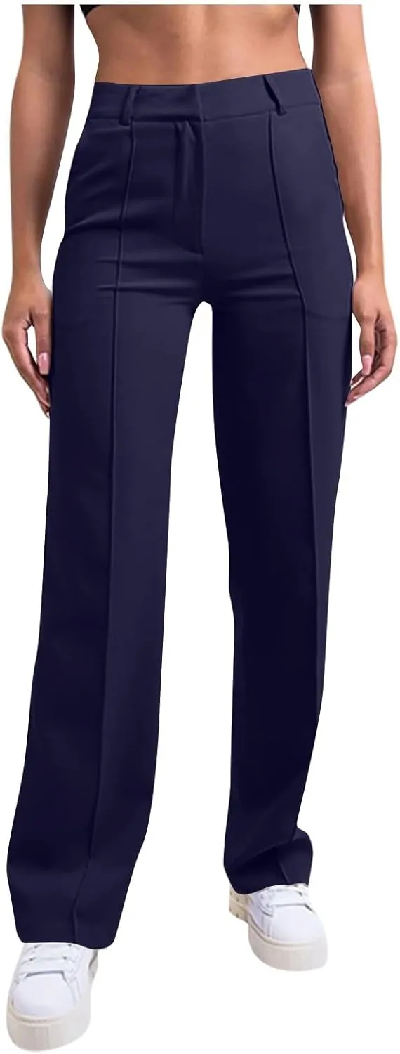 Womens Casual High Waist Straight Leg Ankle Business Dress Pants Stretchy Button Business Dress Work Pocket Trousers