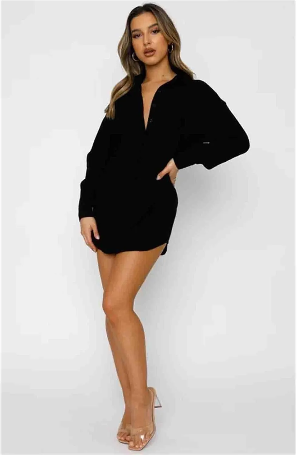Women's Casual Long Sleeved Button Down Shirt Mini Dress Sexy V-Neck T-Shirt top Loose Neck Long Sleeved Shirt Dress