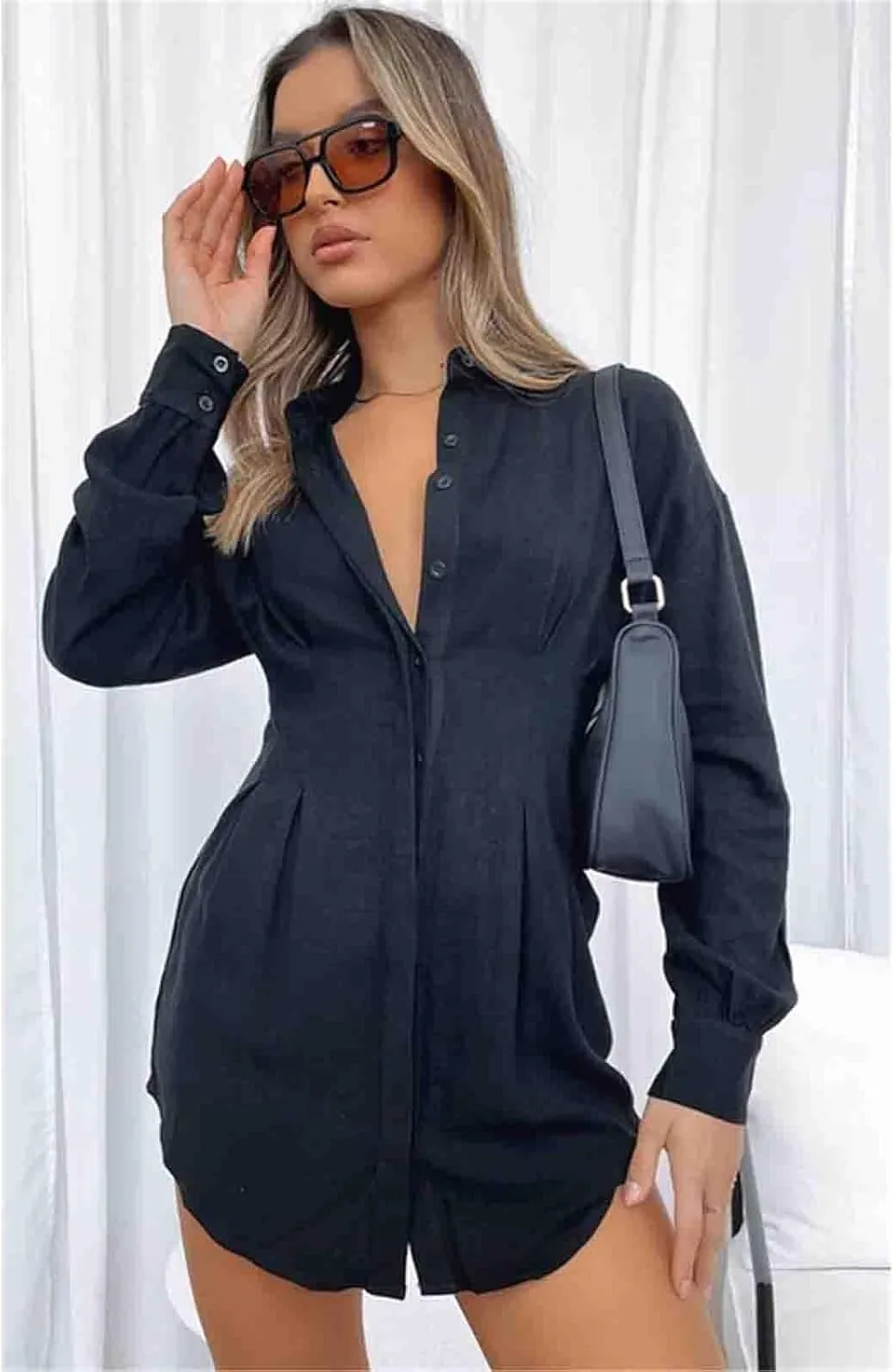 Women's Casual Long Sleeved Button Down Shirt Mini Dress Sexy V-Neck T-Shirt top Loose Neck Long Sleeved Shirt Dress