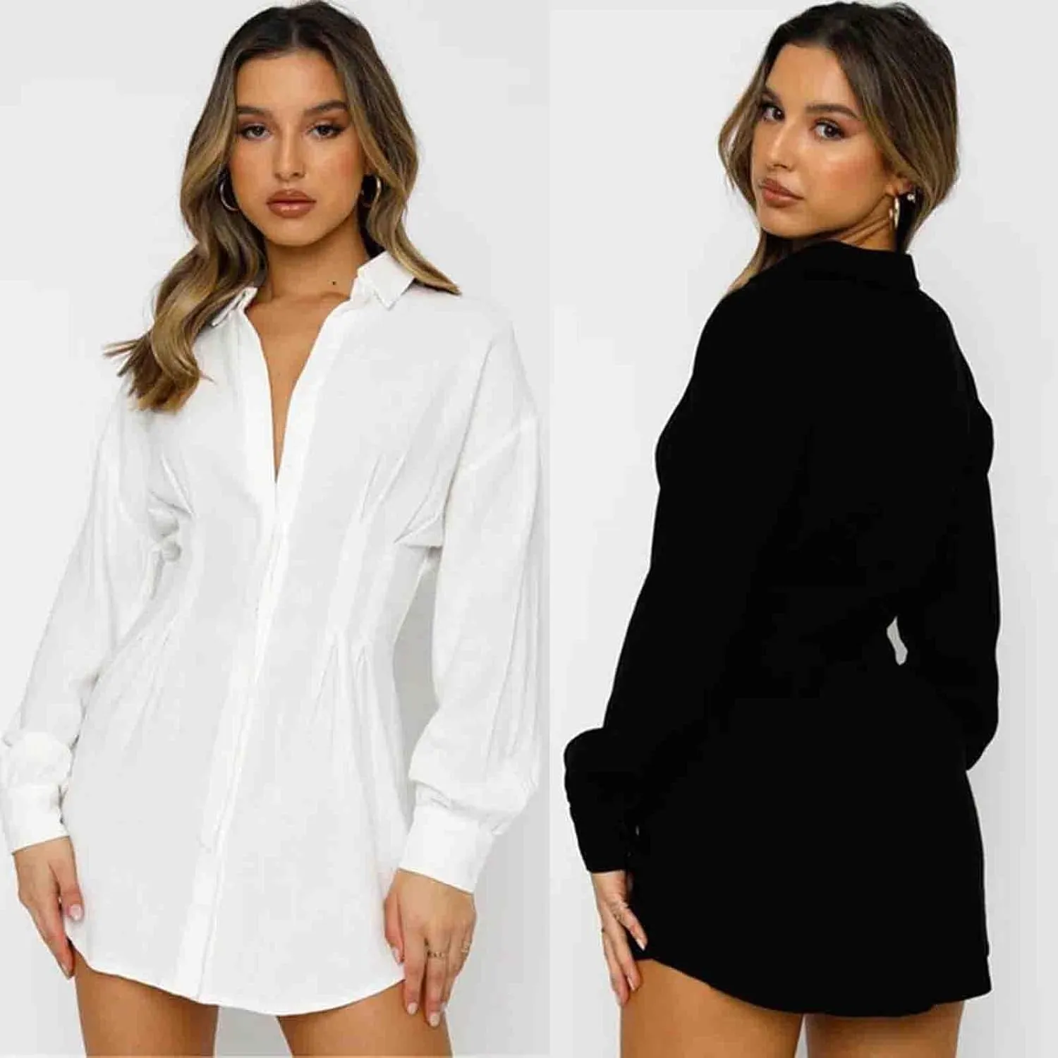 Women's Casual Long Sleeved Button Down Shirt Mini Dress Sexy V-Neck T-Shirt top Loose Neck Long Sleeved Shirt Dress