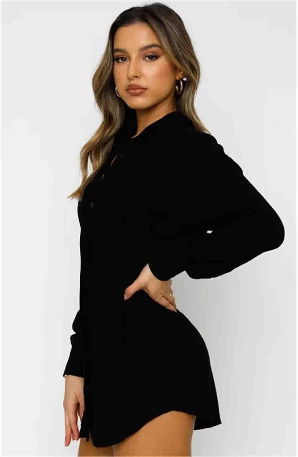 Women's Casual Long Sleeved Button Down Shirt Mini Dress Sexy V-Neck T-Shirt top Loose Neck Long Sleeved Shirt Dress