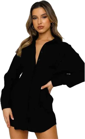 Women's Casual Long Sleeved Button Down Shirt Mini Dress Sexy V-Neck T-Shirt top Loose Neck Long Sleeved Shirt Dress