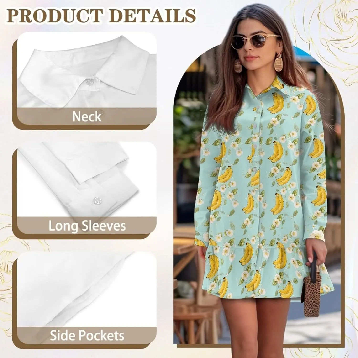 Womens Casual Shirt Dress Button Down V Neck Dress Long Sleeve Mini Shirt Dress with Pocket