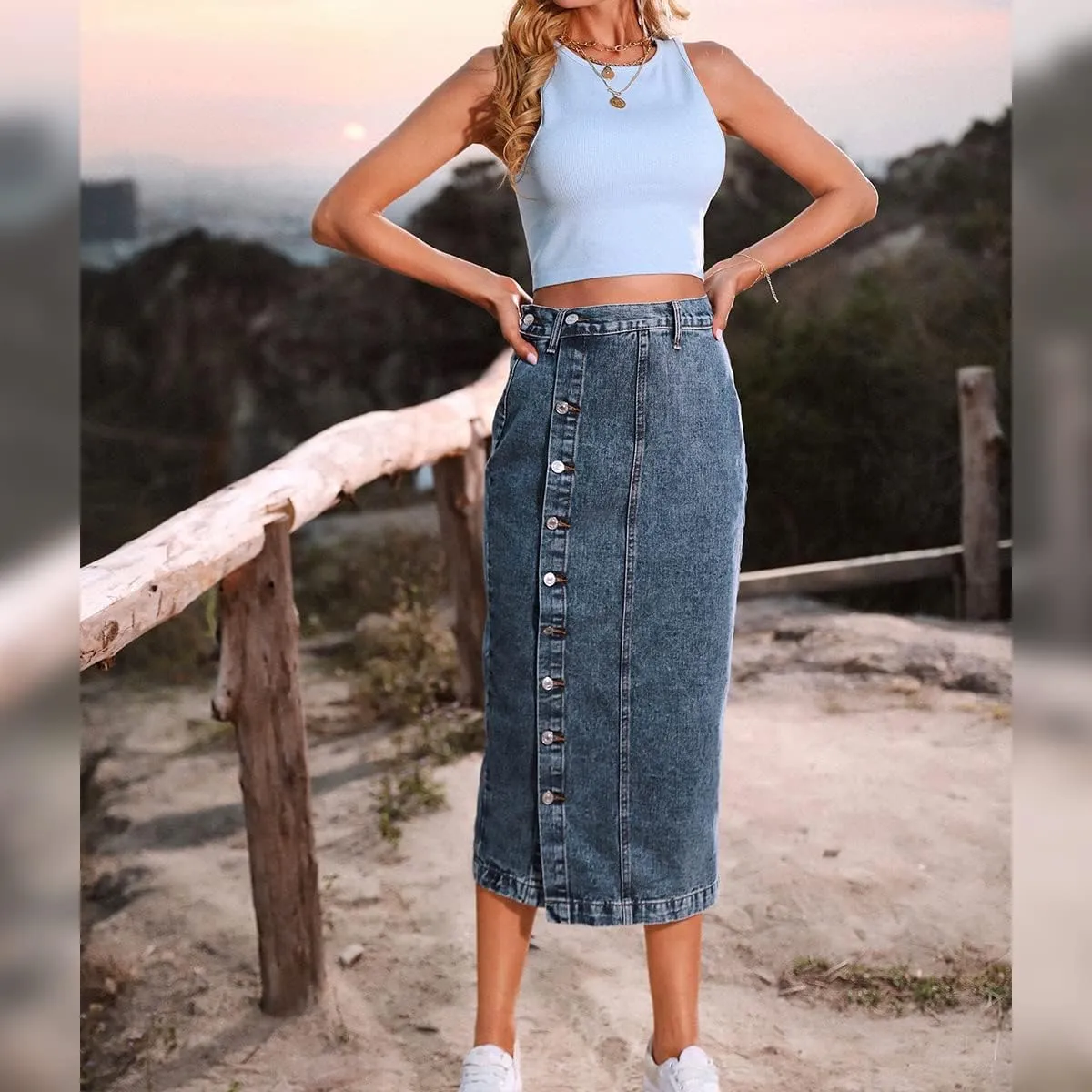 Womens Casual Slit Denim Midi Skirt 2024 Summer High Waisted Button Up Denim Jean Skirts XS-L